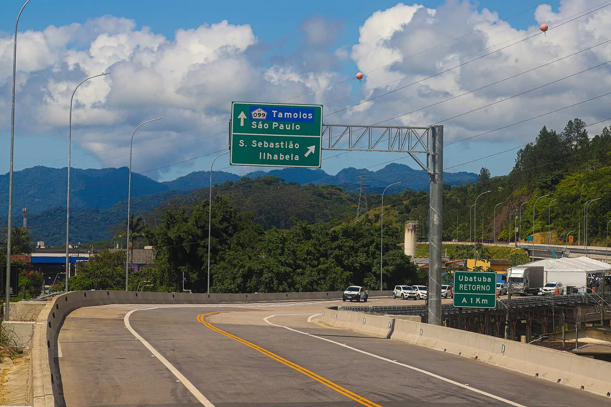 Placas da Rodovia dos Tamoios indicando o acesso para Ubatuba, São Paulo e São Sebastião