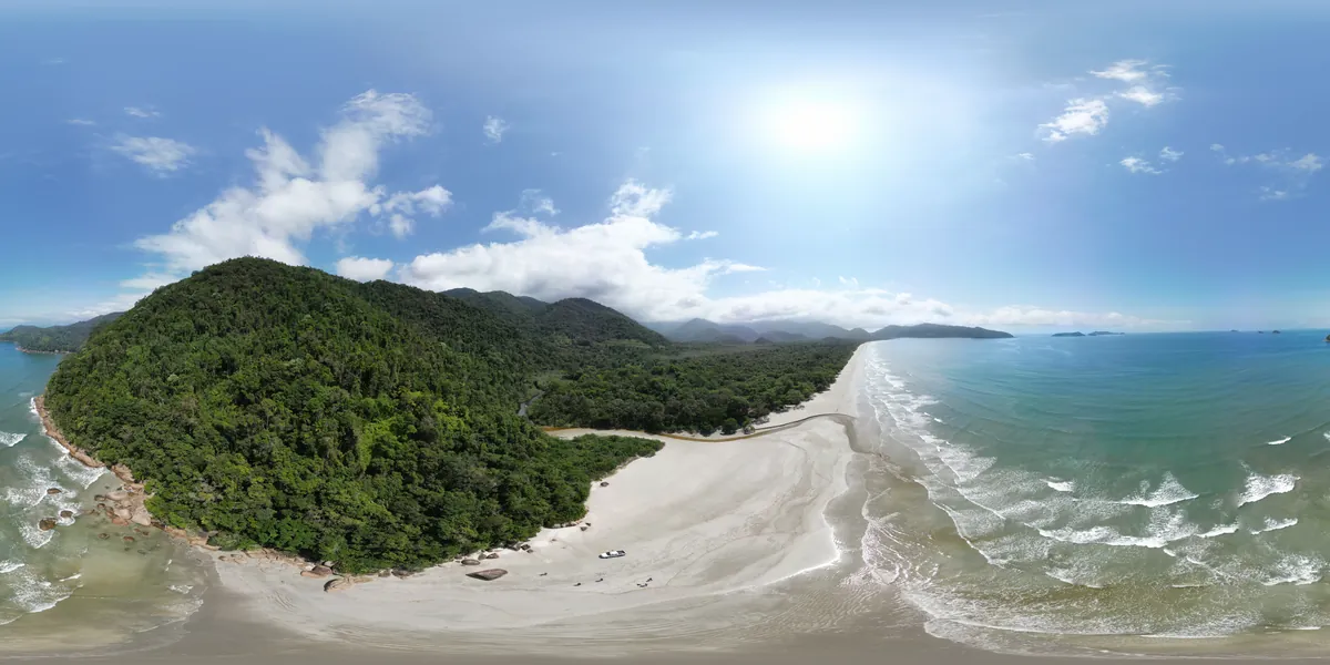 Praia preservada em Ubatuba com longa faixa de areia, Mata Atlântica e mar azul vistos do alto